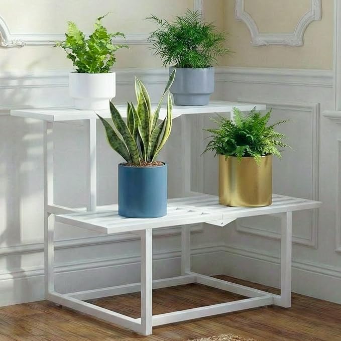 Metal Plant Stand Indoor, Outdoor Iron Plant Shelf, Heavy Duty Slatted Display Shelf for Patio Balcony Garden Living Room Load Bearing 330 LB 26" L x 20.2" H x 17.7" W 2 Tier White