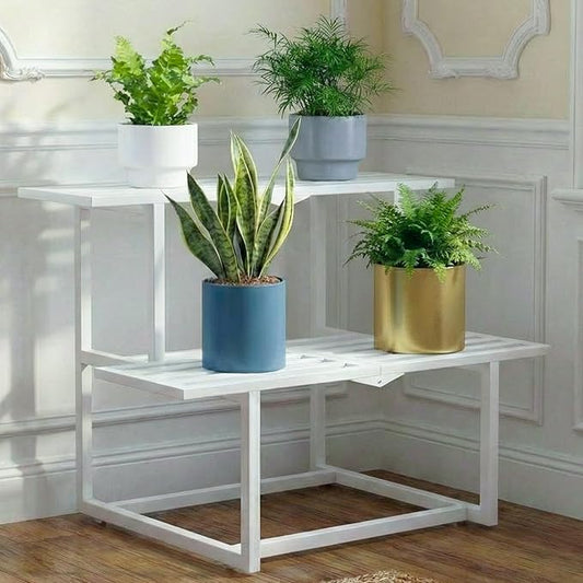 Metal Plant Stand Indoor, Outdoor Iron Plant Shelf, Heavy Duty Slatted Display Shelf for Patio Balcony Garden Living Room Load Bearing 330 LB 26" L x 20.2" H x 17.7" W 2 Tier White