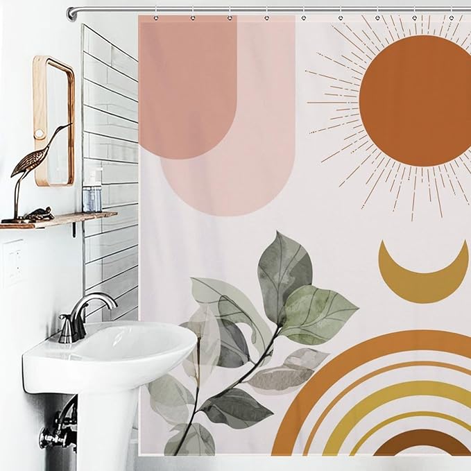 Boho Mid Century Shower Curtain,Green Nature Leaf Sun Modern Minimalist Bathroom Curtain Polyester Waterproof Fabric Decor 72x72in（183x183cm）