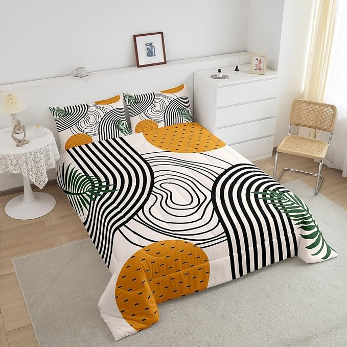 Erosebridal Modern Comforter Twin Abstract Art Bedding Set, Orange Black White Aesthetic Down Comforter Retro Minimalism Bed Set, Mid Century Quilted Duvet Geometric Striped Decor