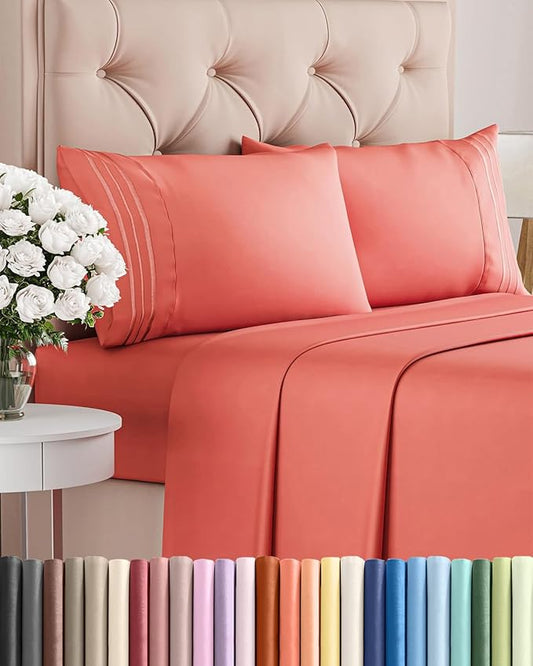 Cal King Size 4 Piece Sheet Set - Comfy Breathable & Cooling Sheets - Hotel Luxury Bed Sheets for Women & Men - Deep Pockets, Easy-Fit, Extra Soft & Wrinkle Free Sheets - Coral Oeko-Tex Bed Sheet Set