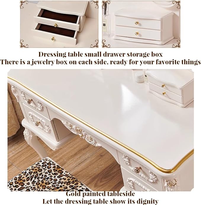 Dressing Table,Vanity Desk with Drawers and Cushioned Stool,Makeup Vanity Table Set with Mirror and Light,European Retro(B)