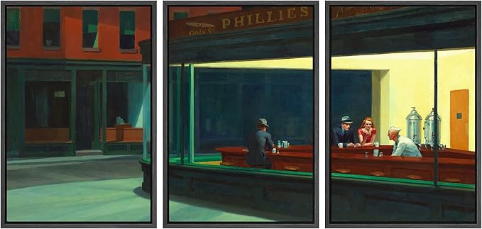 wall26 Framed Canvas Print Wall Art Set Nighthawks by Edward Hopper Cultural Historic Oil Painting Fine Art Reproduction Scenic Colorful for Living Room, Bedroom, Office - 24"x36"x3 Black