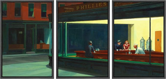wall26 Framed Canvas Print Wall Art Set Nighthawks by Edward Hopper Cultural Historic Oil Painting Fine Art Reproduction Scenic Colorful for Living Room, Bedroom, Office - 16"x24"x3 Black
