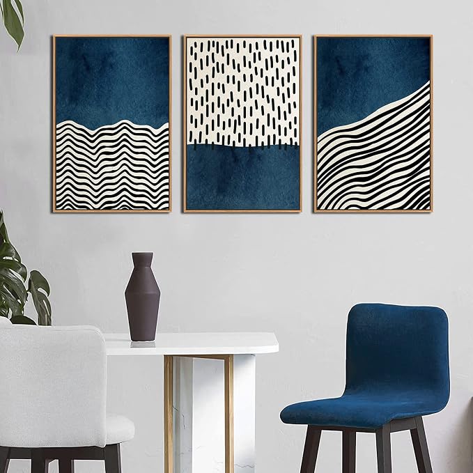 Framed Wall Art Canvas Set Mid Century Boho Picture Modern Abstract Geometric Lines Wall Decor Minimalist Black Indigo Canvas Painting Artwork Living Room Bedroom Home Office 16"x24"x3 Natural