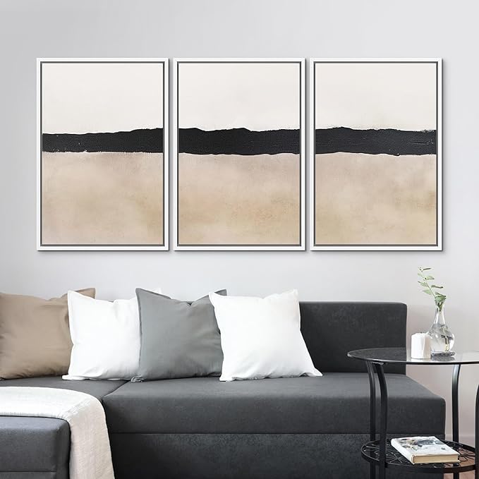 MUDECOR Framed Wall Art Print Set Minimalist Abstract Black Horizontal Brushstroke Illustrations Modern Art Boho Decorative Colorful Chic for Living Room, Bedroom, Office - 16"x24"x3 White