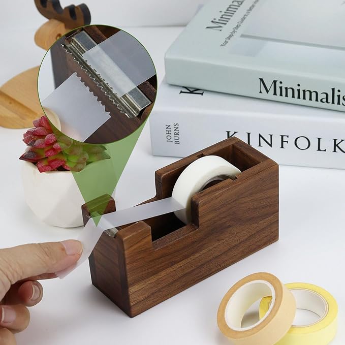MultiBey 4pcs Walnut Office Supplies Desk Organizers, Wood Sticky Notes Holder Tape Dispenser Cutter Wooden Pencil Cup and Paper Clip Holder for Office Home School