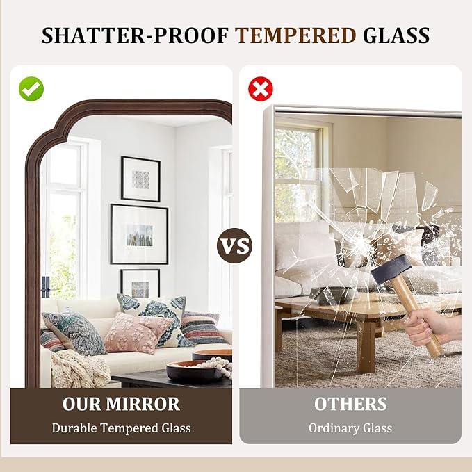 HOMECOOKIN Wood Bathroom Mirror for Wall Decor Arched Rounded Corner Rustic Wood Frame Wall Mirror Home Decorative for Vanity, Living Room, Bedroom, Entryway (24 x 36 inch, Walnut)