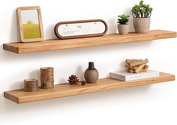 Fun Memories 36 Inch Floating Shelves for Wall, Solid Elm Wood Wall Shelf for Home Decor, Heavy-Duty Hardwood Floating Shelf for Bedroom, Bathroom, Living Room, Set of 2
