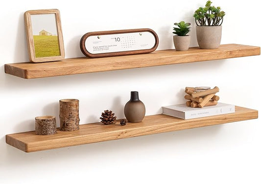 Fun Memories 36 Inch Floating Shelves for Wall, Solid Elm Wood Wall Shelf for Home Decor, Heavy-Duty Hardwood Floating Shelf for Bedroom, Bathroom, Living Room, Set of 2