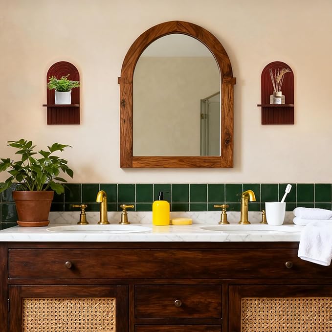 Mid Century Modern Decor: Walnut Boho Floating Shelves Arched Wall Decor for Bathroom Bedroom Living Room Nursery
