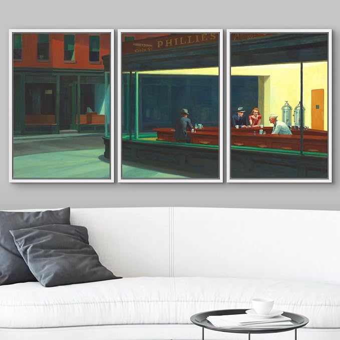 wall26 Framed Canvas Print Wall Art Set Nighthawks by Edward Hopper Cultural Historic Oil Painting Fine Art Reproduction Scenic Colorful for Living Room, Bedroom, Office - 24"x36"x3 White