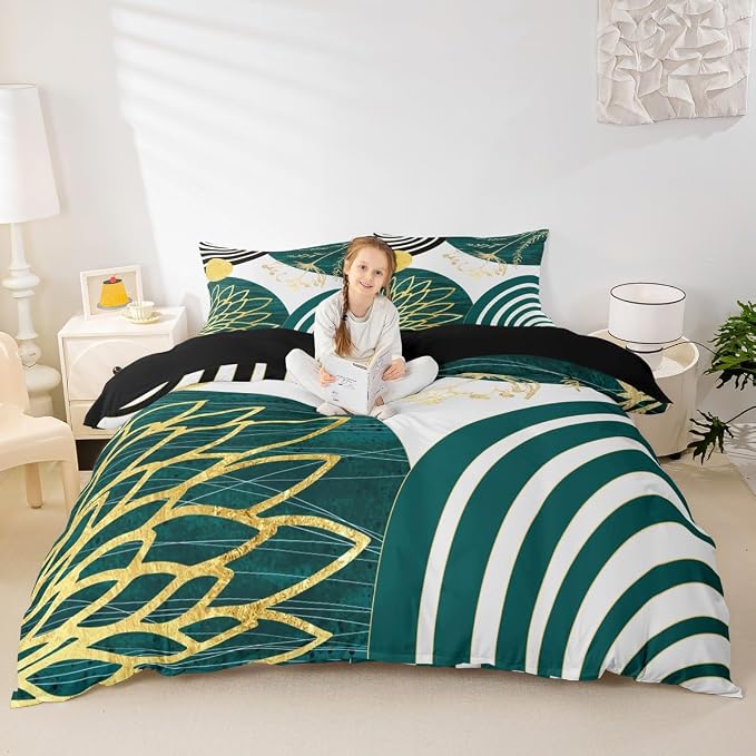 Erosebridal Boho Mid Century Twin Comforter Cover for Women Men Adults | Minimalist Modern Duvet Cover Teal Green Geometric Bed Set Aesthetic Modern Abstract Bedding Set