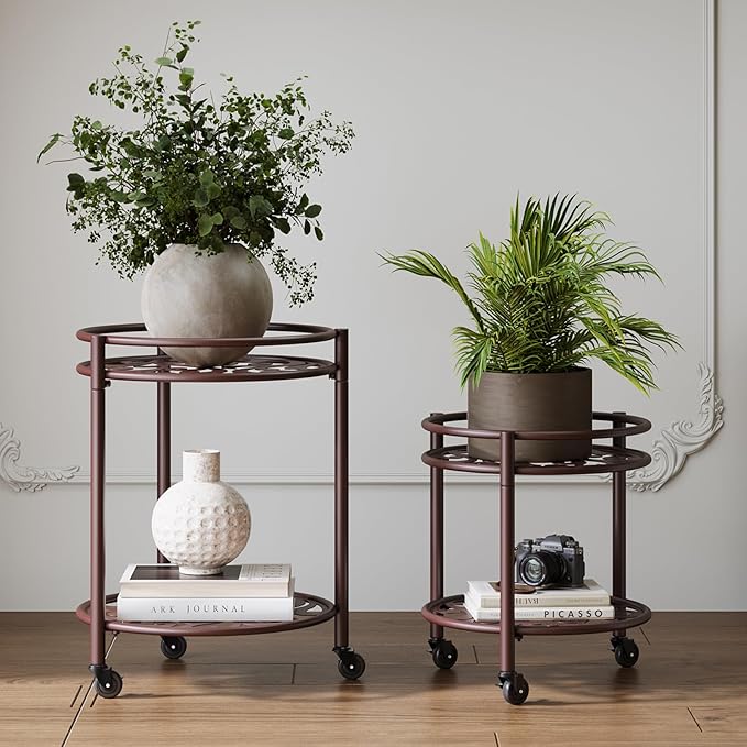 2 Tier Rolling Plant Stand with Wheels, Mid Century Modern Metal Stand for Planters, 2 Sizes 9 Inch & 11 Inch, Indoor Outdoor Movable Flower Pot Holder for Decor Home Garden Patio Load Bearing 165 LB 2 Pack Coffee