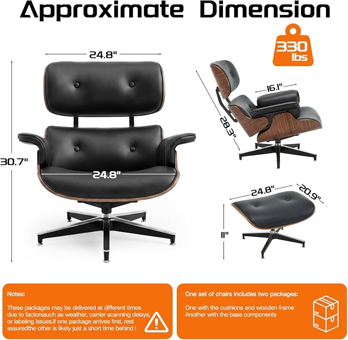 Mid-Century Modern Lounge Chair and Ottoman Set, PU Leather Accent Chair with Wood Finish, Modern Chair Classic Design Recline Swivel Reading Chair Heavy Duty Base Support for Living Room, Office