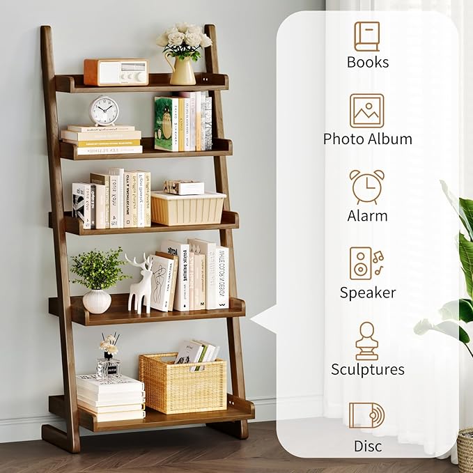 Uniclinens Walnut Wooden Ladder Shelf, 5-Tier Leaning Bookshelf, Ladder Bookshelf for Compact Spaces, Leaning Bookcase for Living Room, Bedroom, Home Office
