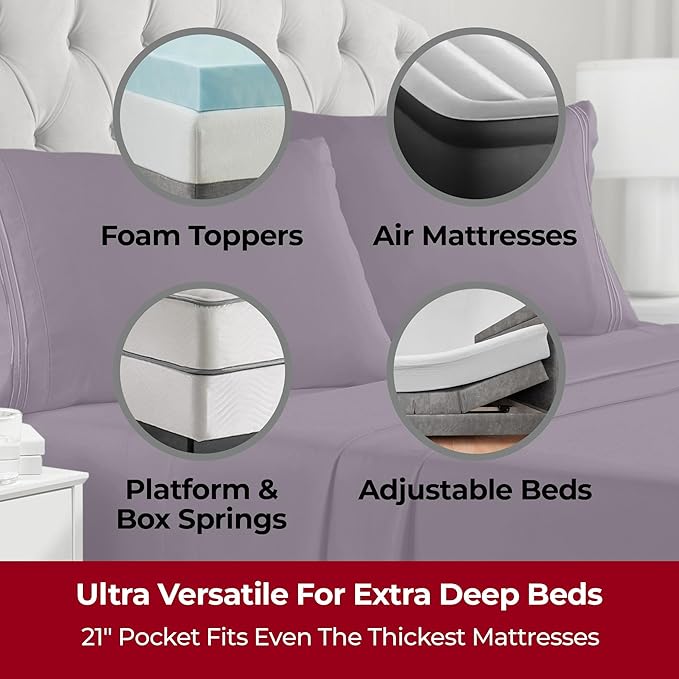 Mellanni Extra Deep Queen Sheets - 4 PC Iconic Collection Bedding - Hotel Luxury, Ultra Soft, Cooling Bed Sheets - Wrinkle, Fade, Stain Resistant (Queen, Purple)