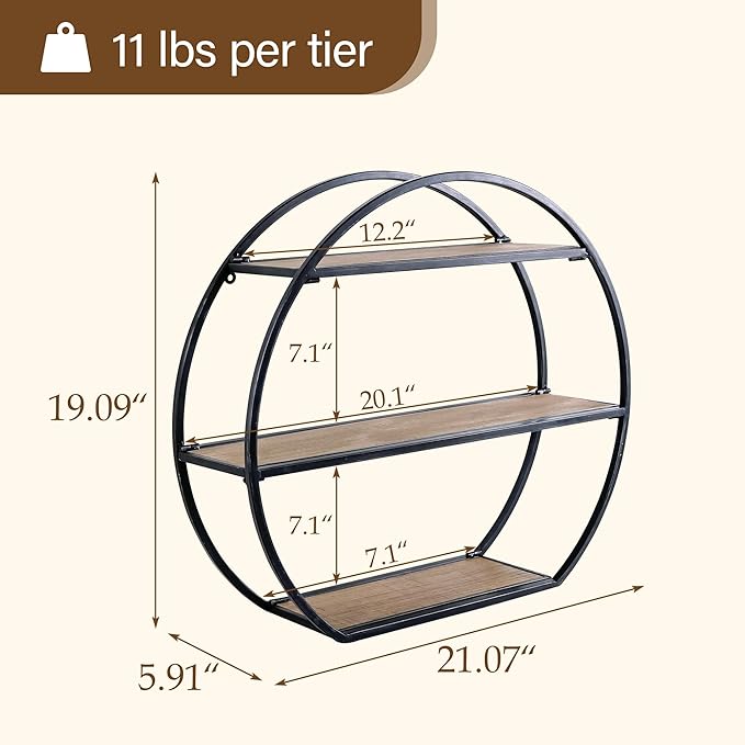Industrial Style Semi-Circle Shaped Wall Shelves, 3 Tier Decorative Floating Ledge Shelves, Wall Mounted Metal Bracket Wooden Display Hanging Shelf