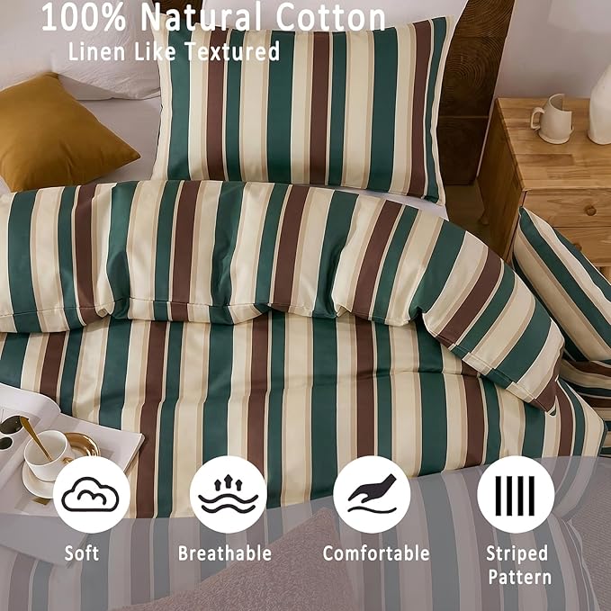 Merryword 100% Cotton Duvet Cover Set Queen Size - Vintage Green Cabana Striped Bedding Set with Zipper & Corner Ties, 3-Piece Luxury & Silky Soft Bedding Set for All Seasons