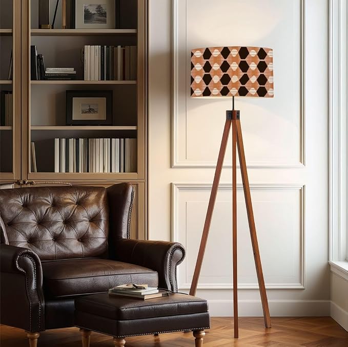 Wood Tripod Floor Lamp Retro seamless pastel brown white elongated diamonds mid century Mid Century Standing Lamp Linen Shade Dimmable Modern Tall lamp Home Decor for Living Room Bedroom Office
