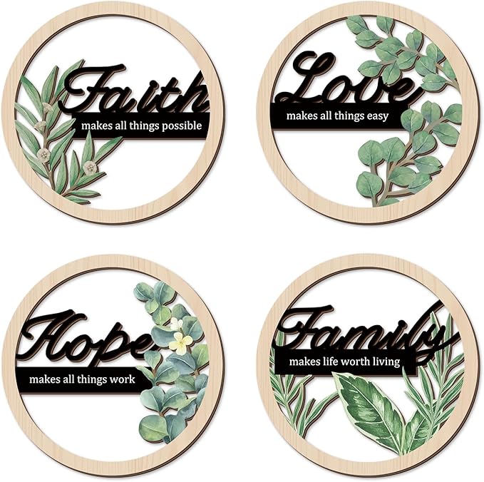 TOARTi Bohemian Inspirational Wooden Hanging Signs Sage Green Botanical Wall Art for Bedroom Living Room Eucalyptus Faith Hope Love Family Positive Affirmations Wall Decor Hollow Boho Minimalist Wood Plaques