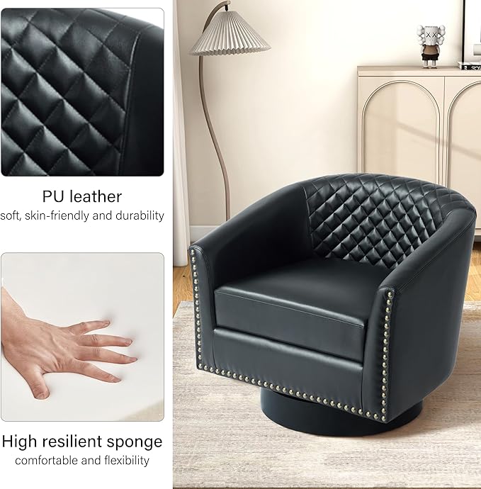 Swivel Barrel Accent Chair, Comfy Modern Upholstered Round Faux Leather Arm Chair for Living Room, Bedroom（Black, Set of 1