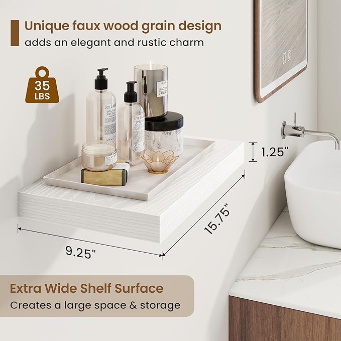 16in Floating Shelves for Wall, 16"W x 9.25"D x 1.25"H, 2 Pack Long Wall Mounted Engineered Wood Shelves with Invisible Brackets for Living Room, Bedroom, Bathroom, Kitchen Decor and Storage, White