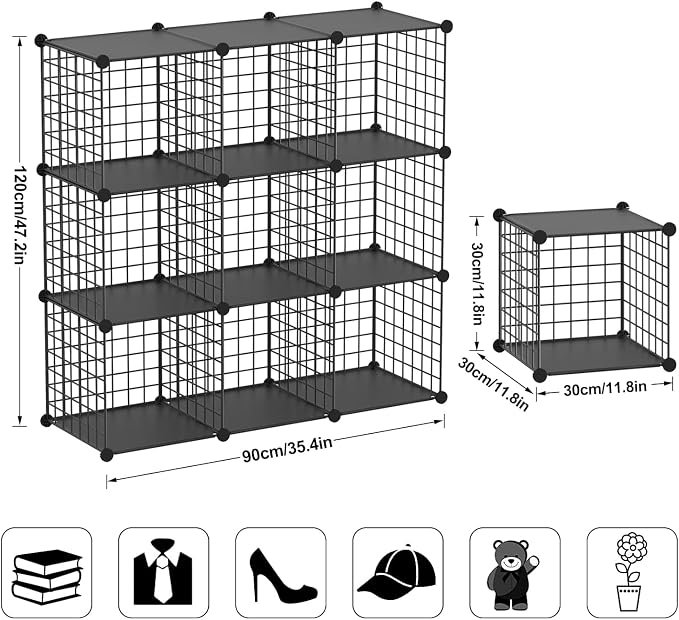 Wire Cube Storage Organizer, 9-Cube Metal Storage Shelves Bookshelf, Stackable Modular Closet Organizer for Bedroom Living Room, Office, Storage Shelves