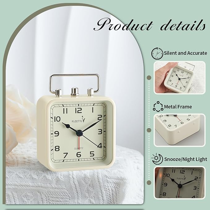 FLOITTUY Square Metal Beep Alarm Clock Silent No Ticking, Snooze and Battery Operated, Night Light and Desk Clock for Bedroom/Travel/Kids, Easy Set(Cream White)