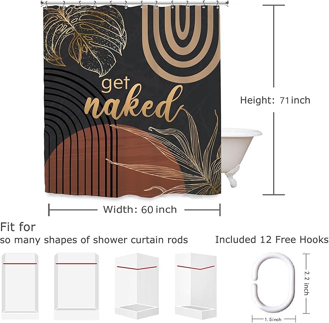 Yookeb Abstract Mid Century Bathroom Shower Curtain 60W by 71H Inch Minimalist Aesthetic Modern Contemporary Dark Get Naked Polyester Fabric 12 Plastic Hooks Waterproof Decor
