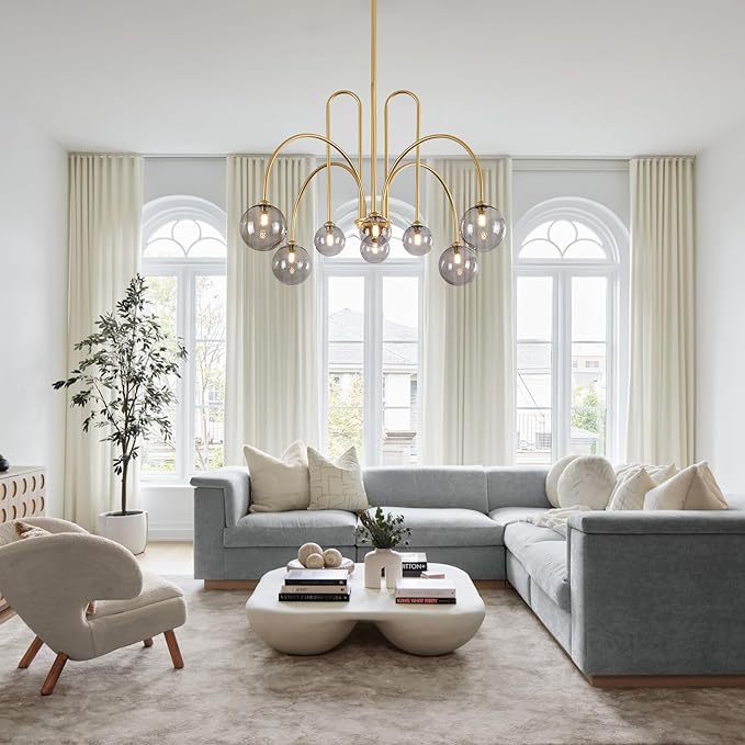Modern Chandelier 8 Lights Gold Sputnik Light Fixture Large Luxury L41” Mid Century Smoke Glass Globe Ceiling Pendant Lighting for Foyer Staircase Living Dining Room Kitchen