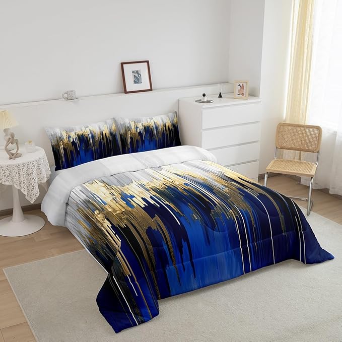 Abstract Art Bedding Set King Navy Gold Grey Comforter Set, Stripe Duvet Insert Golden Metallic Sequins Quilt Sets, Dark Blue Tie Dye Bedding Comforters & Sets Luxurious Modern Bedroom Decor