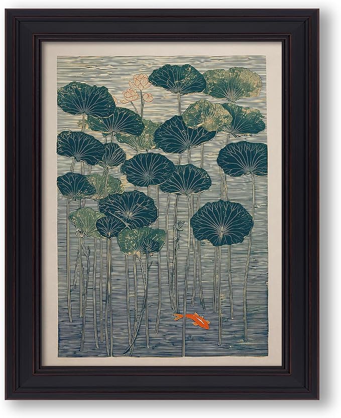 Vintage Framed Lotus And Koi Canvas Poster Japanese Floral Botanical Pond Wall Art Retro Oriental Asian Prints Decor for Bedroom Zen Meditation Room Home 12x16 inch