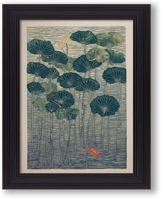 Vintage Framed Lotus And Koi Canvas Poster Japanese Floral Botanical Pond Wall Art Retro Oriental Asian Prints Decor for Bedroom Zen Meditation Room Home 16x20 inch