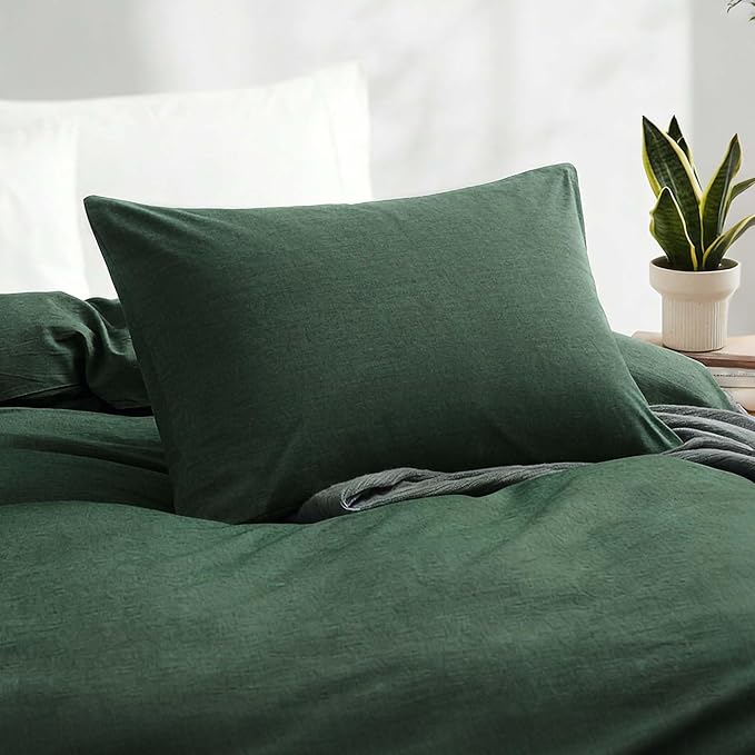 LOVQUE Green Duvet Cover Twin Size, 100% Washed Cotton Linen Like Bedding Set with Zipper Closure (No Comforter), 68x90 Inches, Forest Green
