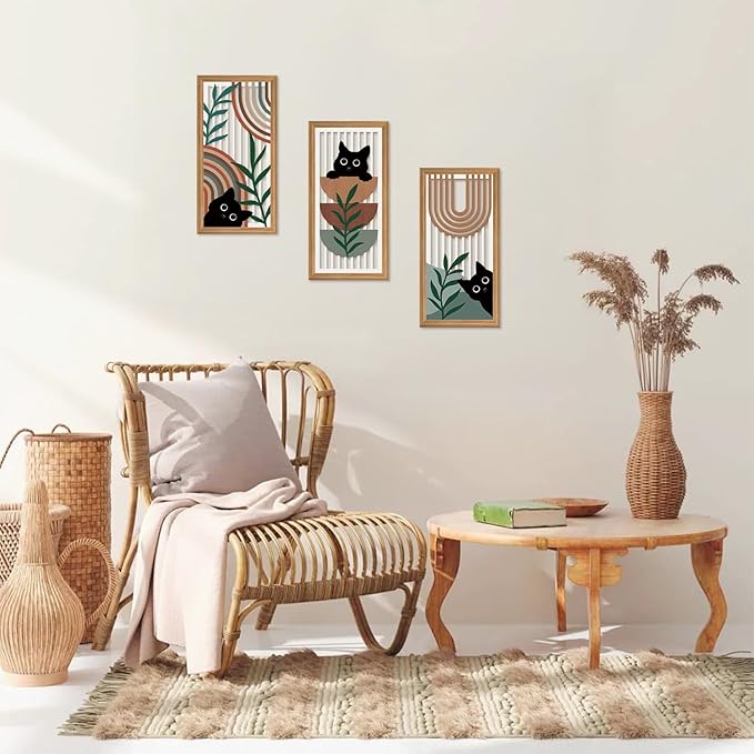 IARTTOP 3 Pcs Boho Black Cat Wall Decor Abstract Geometric Wood Wall Art Bohemian Cat Hanging Decor Mid Century Modern Artwork Decoration for Farmhouse Bedroom Living Room 7.9 x15.8 Inch