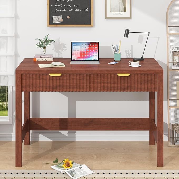 YOMILUVE Fluted Computer Desk with 2 Drawers, 39 Inch Small Computer Desk with Storage, Compact Writing Study Desk for Small Spaces, Red Walnut