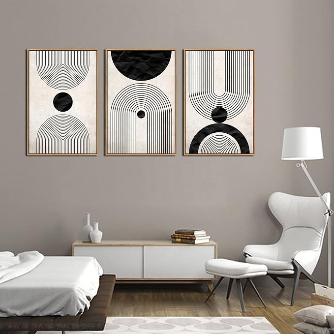Framed Wall Art Canvas Set Mid Century Boho Pictures Modern Abstract Geometric Wall Decor Minimalist Black Beige Bohemian Canvas Painting Artwork for Living Room Bedroom Office 16"x24"x3 Natural