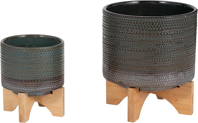 Ceramic Dotted Planter with Wood Stand for Home Decor - Modern Flower Planters for Patio, Entryway, and Garden - Small Decorative Pot Display for Indoor and Outdoor Plants - 8", Green & Tan