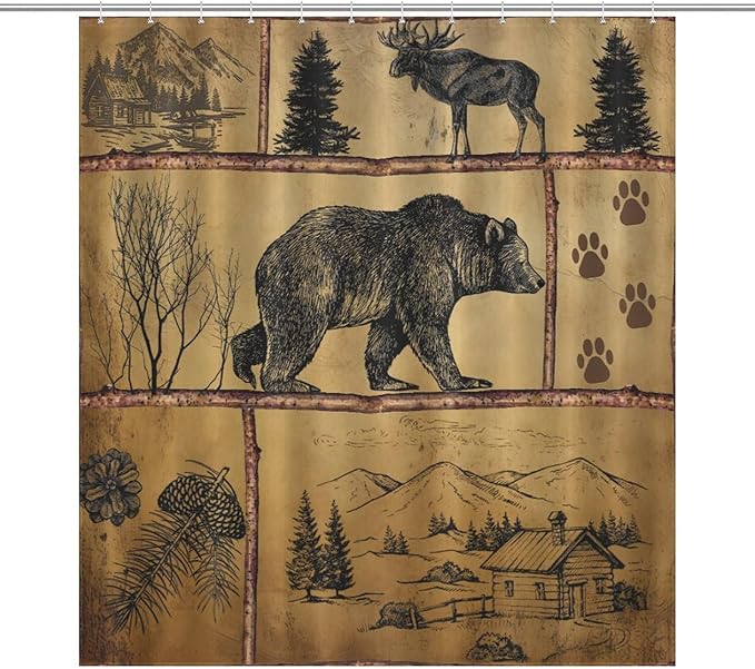 Rustic Cabin Vintage Bear Shower Curtain, Farmhouse Country Antique Bear Moose Forest Vintage Wood Camping Waterproof Shower Curtains for Bathroom Decor 12 Pack Hooks 66x72in（168x183cm）