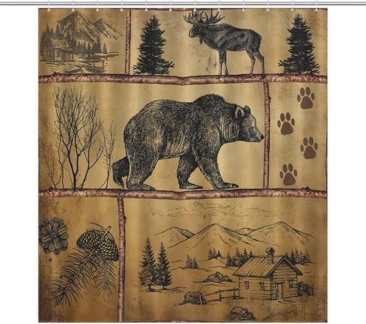 Rustic Cabin Vintage Bear Shower Curtain, Farmhouse Country Antique Bear Moose Forest Vintage Wood Camping Waterproof Shower Curtains for Bathroom Decor 12 Pack Hooks 66x72in（168x183cm）