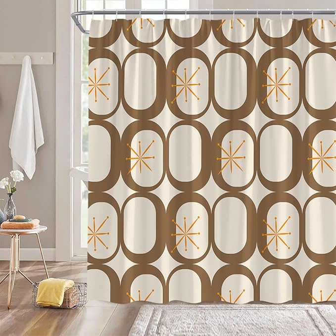 Mid Century Modern Extra Long Shower Curtain Abstract Atomic Geometric Round Squares Retro 50s Brown Fabic with Hooks for Bathroom Decor,70x84 Inch