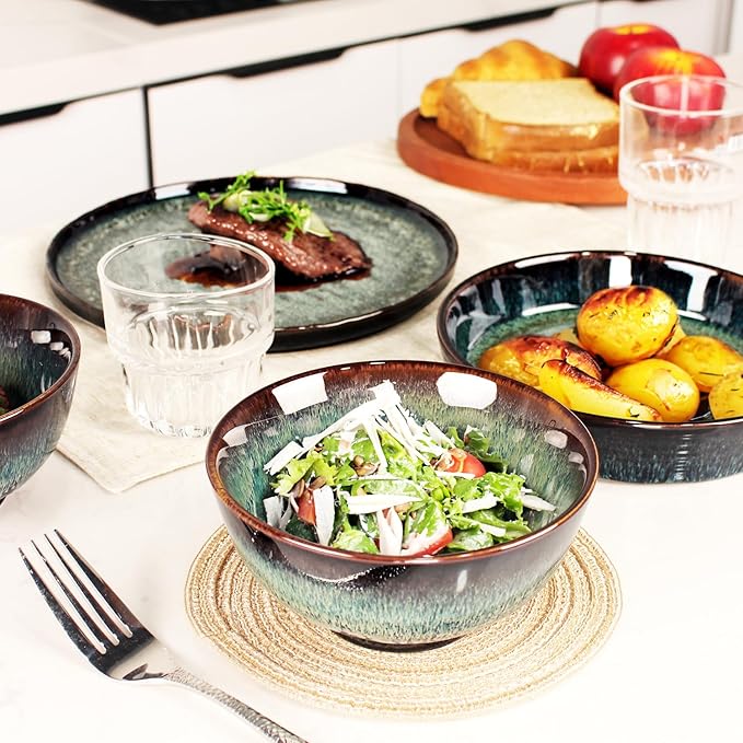 Dinner Set 12 Pieces - Round Reactive Glaze Tableware - Kitchen Dinnerware Porcelain Crockery with Dinner Plate, Bowl and Soup Plate Service for 4, Microwave Dishwasher Safe, Set (No.4)