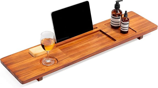 Teak Bathtub Tray Caddy - 35" Wide Adjustable Bathtub Table for Freestanding Tubs, Non-Slip Design with Phone/Wine Holder, Natural Bath Spa Essentials