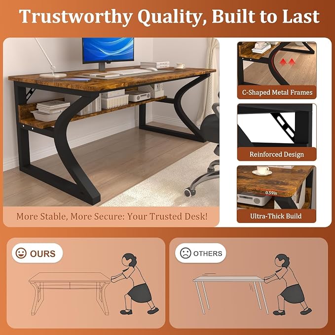 55 X 23.6'' Computer Desk, Home Office Desks w/Shelf Storage, Computer Desk w/Metal Frame, Cable Management, Study Student Desk Writing Work Table Deeper & Thicker Desktop for Home Bedroom