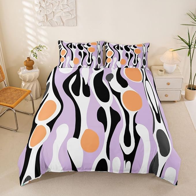 Erosebridal Mid Century Modern Abstract Duvet Cover Set Vintage Geometric King Bedding Set for Adult Men Contemporary Organic Shapes Comforter Cover Squiggle Blob Bed Sets,Lavender Peach