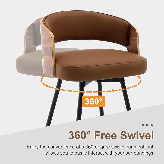Swivel Bar Stools Set of 2, 26" Counter Height Bentwood Barstool, Upholstered Faux Leather Barstools with Walnut Back, Mid Century Modern Bar Chairs for Kitchen Island, Bar