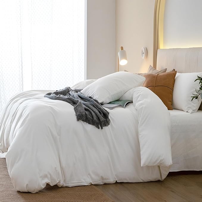 JIYUAN 100% Washed Cotton Duvet Cover Set 3 Pieces Super Queen, 1 Duvet Cover 90x98 Inches(Comforter Not Included) and 2 Pillowcases,Linen Feel Bedding Set Comfy and Breathable,Bright White