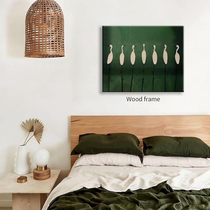 Japanese Cranes Wall Art 16x24 inch Wrapped Framed Retro Bird Animal Canvas Poster Nature Minimalist Green Home Prints for Living Room Bedroom Office Decor
