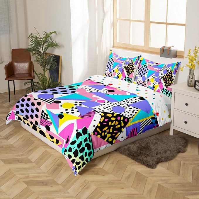 Cheetah Skin Comforter Cover Gradient Animal Hide Bedding Set for Teens Mens Boys Retro 80s 90s Memphis Duvet Cover Circular Triangle Geometric Quilt Cover Urban Art Bedroom Decor King Size